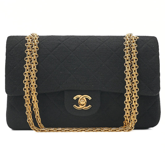 CHANEL 2.55 Chain Shoulder Bag Matelasse Double Flap 25cm Jersey Black Gold-Tone Hardware, Pre-Owned