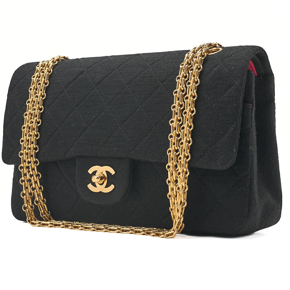 CHANEL 2.55 Chain Shoulder Bag Matelasse Double Flap 25cm Jersey Black Gold-Tone Hardware, Pre-Owned