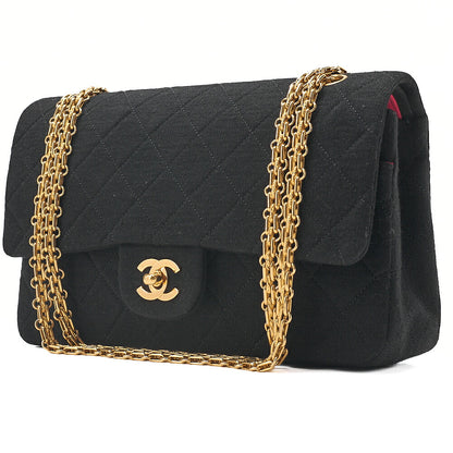 CHANEL 2.55 Chain Shoulder Bag Matelasse Double Flap 25cm Jersey Black Gold-Tone Hardware, Pre-Owned