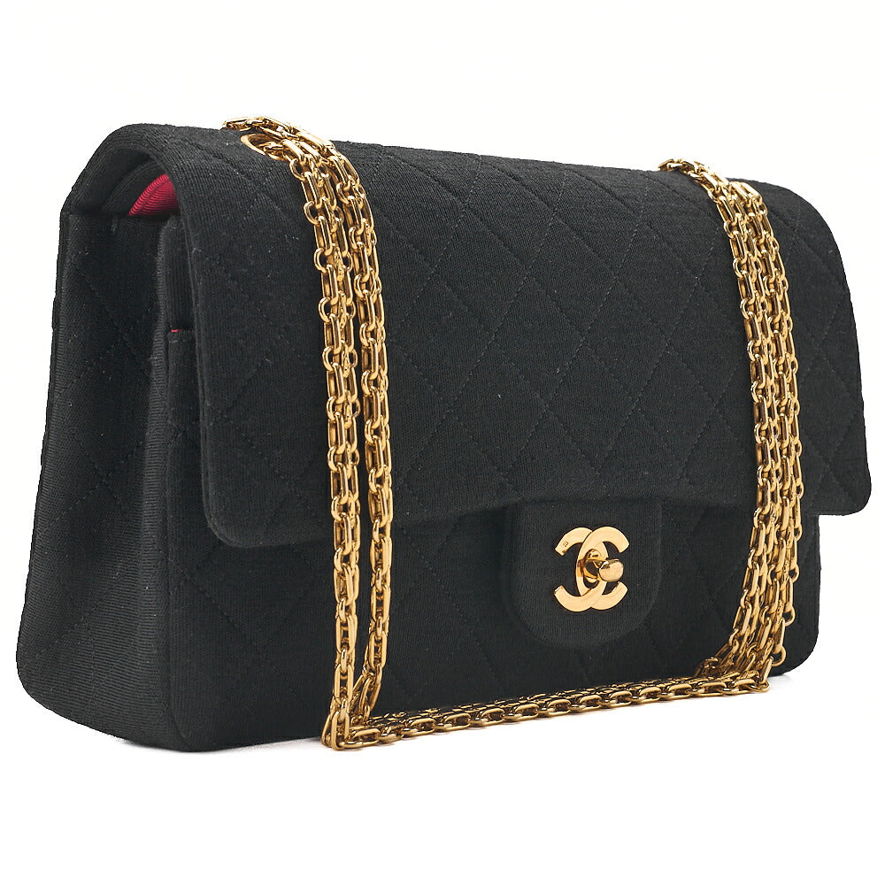 CHANEL 2.55 Chain Shoulder Bag Matelasse Double Flap 25cm Jersey Black Gold-Tone Hardware, Pre-Owned