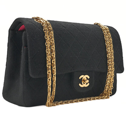 CHANEL 2.55 Chain Shoulder Bag Matelasse Double Flap 25cm Jersey Black Gold-Tone Hardware, Pre-Owned
