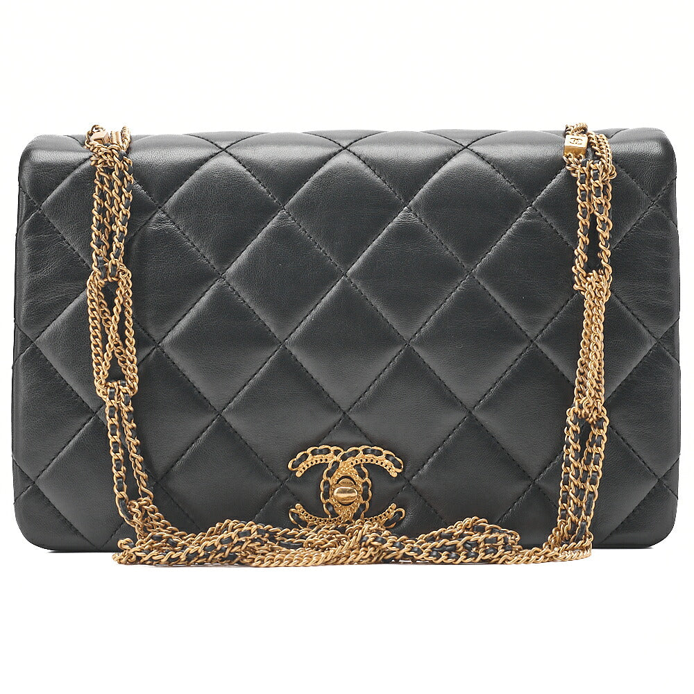 CHANEL Lambskin Matelasse Full Flap Chain Shoulder Black Gold-Tone Hardware, Pre-Owned