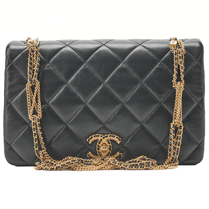 CHANEL Lambskin Matelasse Full Flap Chain Shoulder Black Gold-Tone Hardware, Pre-Owned