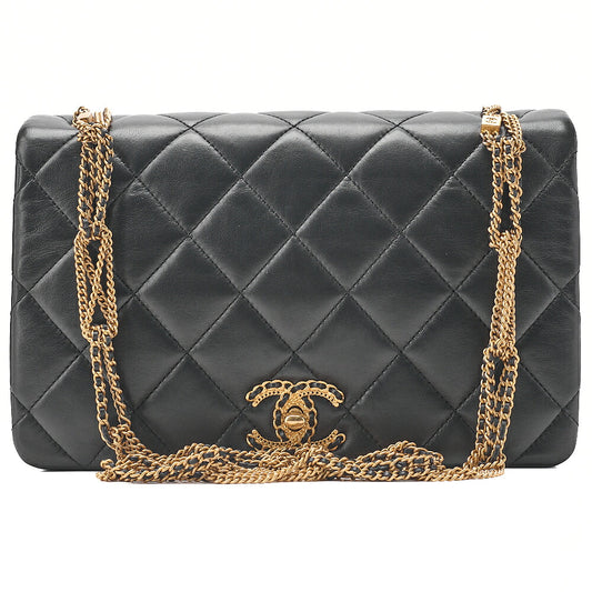 CHANEL Lambskin Matelasse Full Flap Chain Shoulder Black Gold-Tone Hardware, Pre-Owned