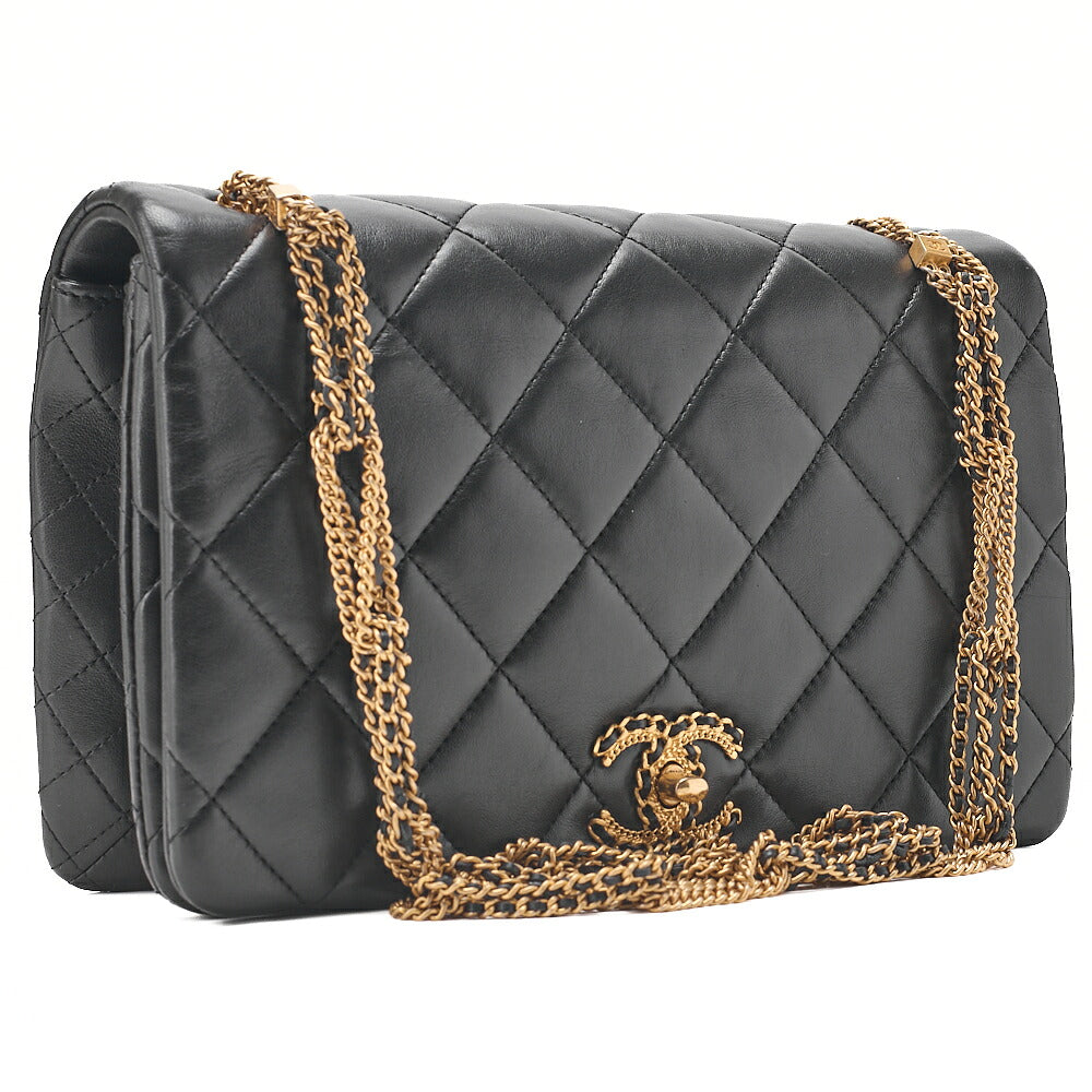 CHANEL Lambskin Matelasse Full Flap Chain Shoulder Black Gold-Tone Hardware, Pre-Owned