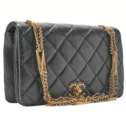 CHANEL Lambskin Matelasse Full Flap Chain Shoulder Black Gold-Tone Hardware, Pre-Owned