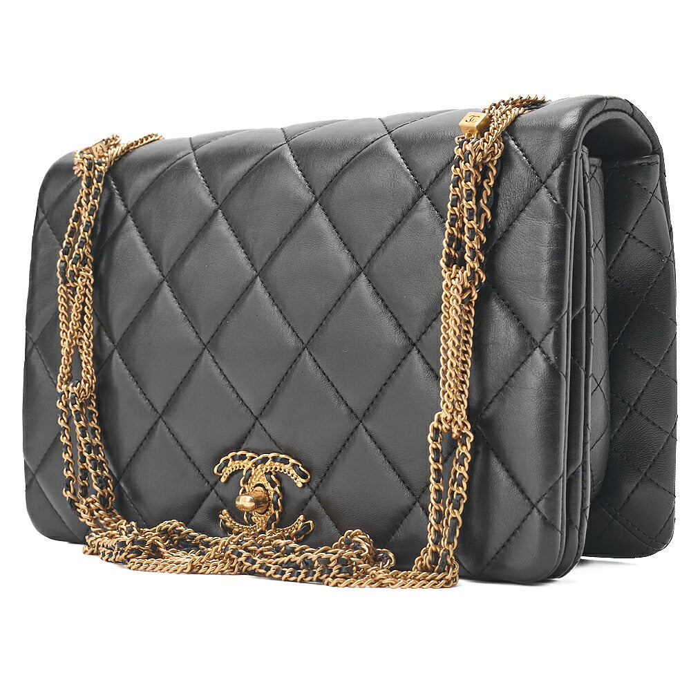 CHANEL Lambskin Matelasse Full Flap Chain Shoulder Black Gold-Tone Hardware, Pre-Owned