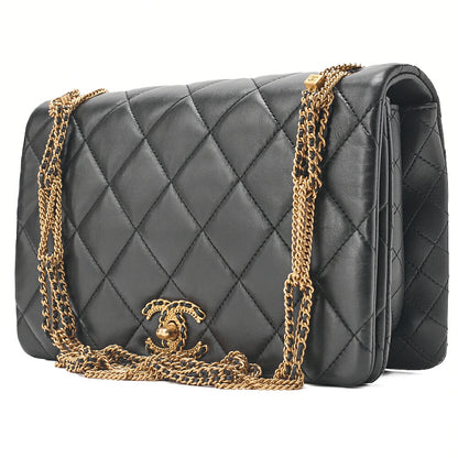 CHANEL Lambskin Matelasse Full Flap Chain Shoulder Black Gold-Tone Hardware, Pre-Owned