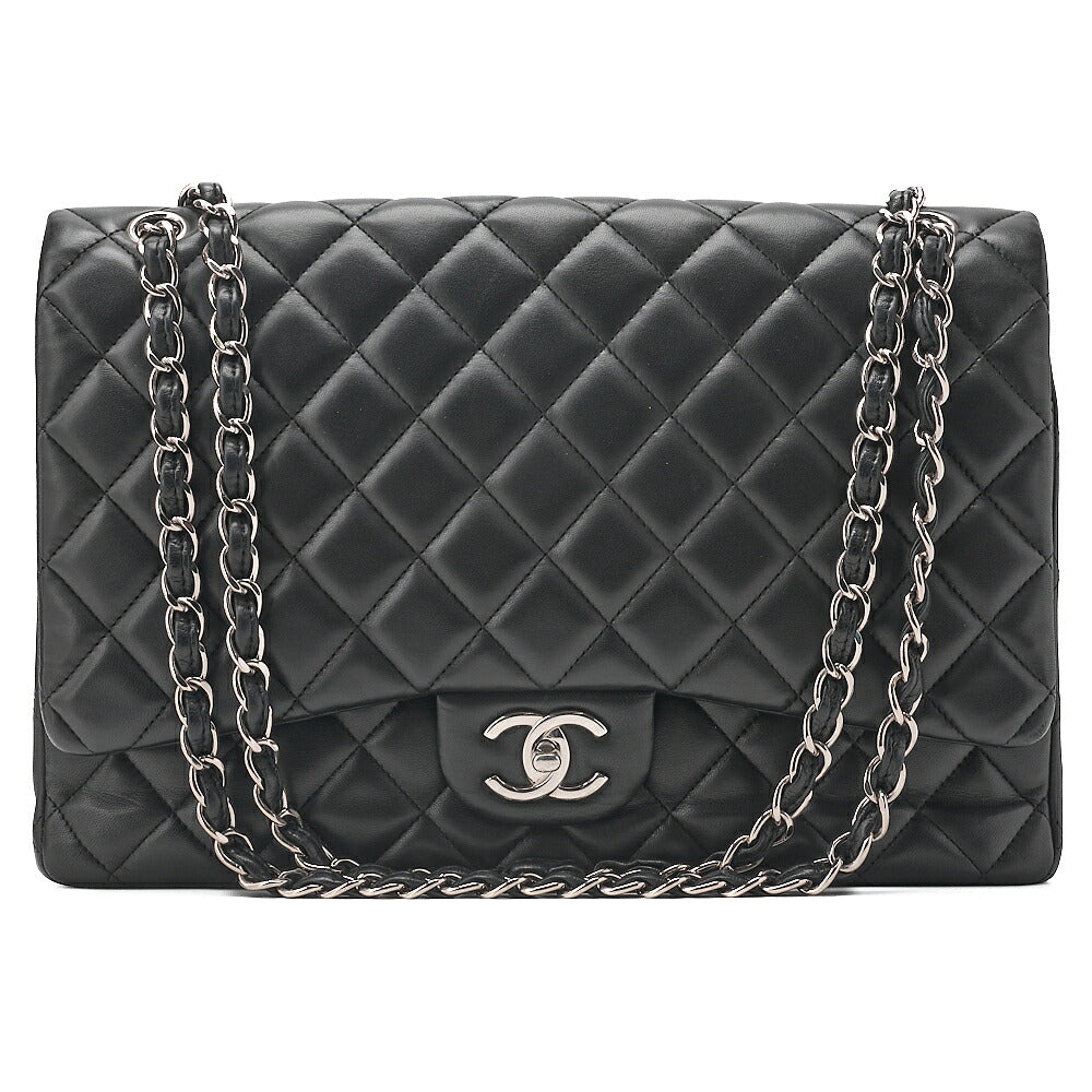 CHANEL Chain Shoulder Bag Deka Matelasse 33cm Double Flap Lambskin Black Silver-Tone Hardware, Pre-Owned