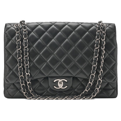CHANEL Chain Shoulder Bag Deka Matelasse 33cm Double Flap Lambskin Black Silver-Tone Hardware, Pre-Owned