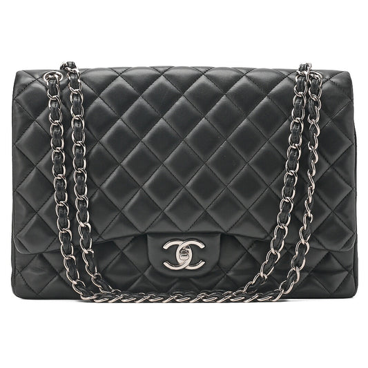 CHANEL Chain Shoulder Bag Deka Matelasse 33cm Double Flap Lambskin Black Silver-Tone Hardware, Pre-Owned