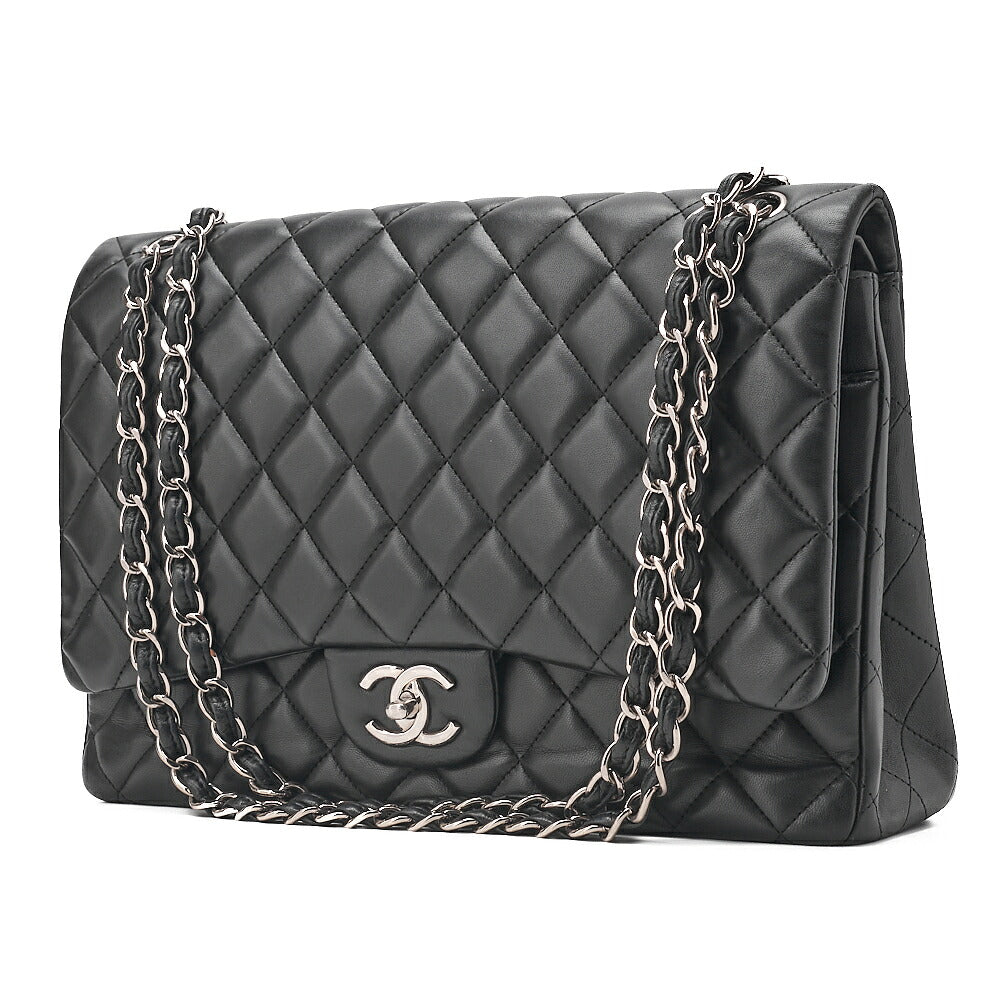 CHANEL Chain Shoulder Bag Deka Matelasse 33cm Double Flap Lambskin Black Silver-Tone Hardware, Pre-Owned