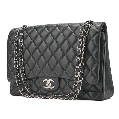 CHANEL Chain Shoulder Bag Deka Matelasse 33cm Double Flap Lambskin Black Silver-Tone Hardware, Pre-Owned
