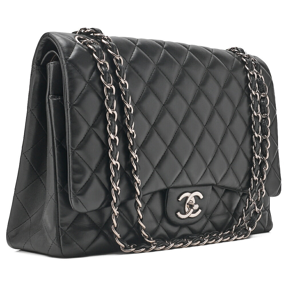 CHANEL Chain Shoulder Bag Deka Matelasse 33cm Double Flap Lambskin Black Silver-Tone Hardware, Pre-Owned