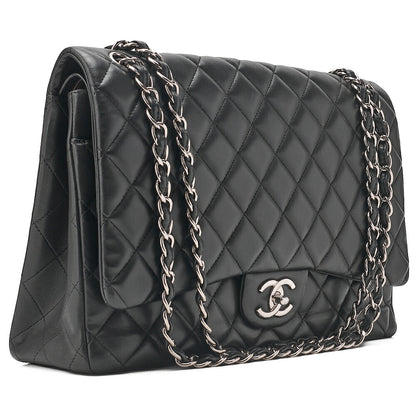 CHANEL Chain Shoulder Bag Deka Matelasse 33cm Double Flap Lambskin Black Silver-Tone Hardware, Pre-Owned