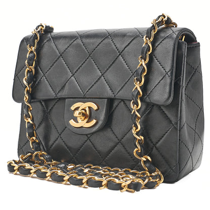 CHANEL Chain Shoulder Bag Mini Matelasse 18cm Turn Lock Lambskin Black Gold-Tone Hardware, Pre-Owned