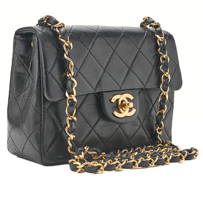 CHANEL Chain Shoulder Bag Mini Matelasse 18cm Turn Lock Lambskin Black Gold-Tone Hardware, Pre-Owned
