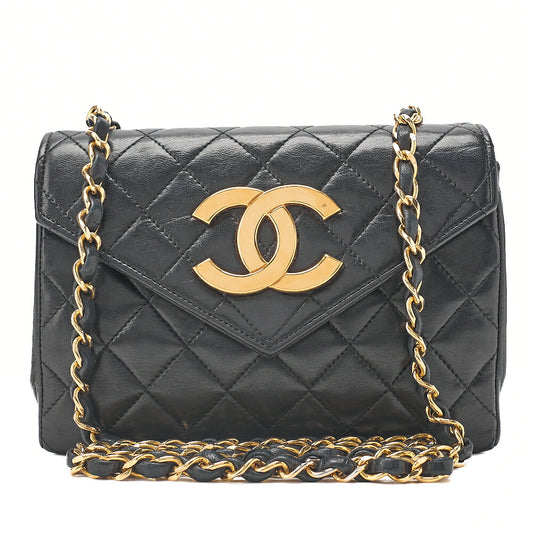 CHANEL Chain Shoulder Bag Matelasse Lambskin DekaCoco V-Flap Black Gold-Tone Hardware, Pre-Owned