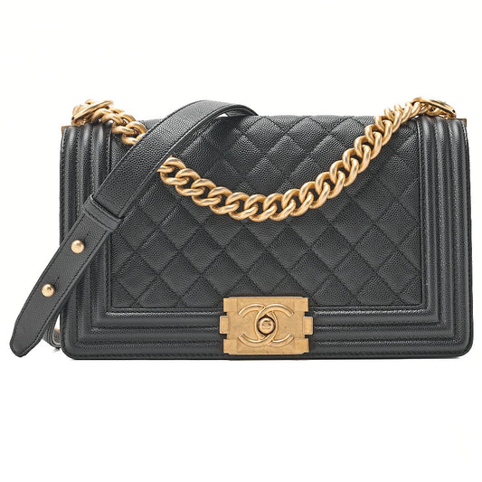 CHANEL Caviar Skin Boy Chanel 25 Chain Shoulder Black Gold -Tone Hardware, Pre-Owned