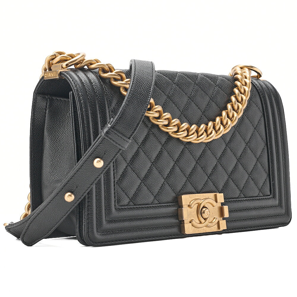 CHANEL Caviar Skin Boy Chanel 25 Chain Shoulder Black Gold -Tone Hardware, Pre-Owned