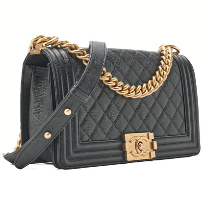 CHANEL Caviar Skin Boy Chanel 25 Chain Shoulder Black Gold -Tone Hardware, Pre-Owned