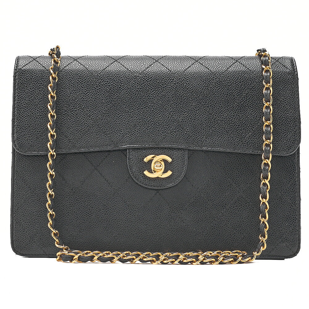 CHANEL Caviar Skin Deka Matelasse 30cm Single Flap Chain Shoulder Bag Black Gold-Tone Hardware, Pre-Owned