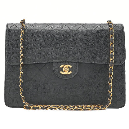 CHANEL Caviar Skin Deka Matelasse 30cm Single Flap Chain Shoulder Bag Black Gold-Tone Hardware, Pre-Owned