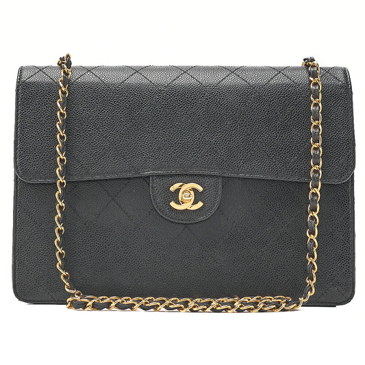 CHANEL Caviar Skin Deka Matelasse 30cm Single Flap Chain Shoulder Bag Black Gold-Tone Hardware, Pre-Owned