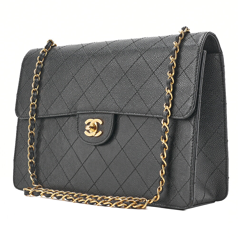 CHANEL Caviar Skin Deka Matelasse 30cm Single Flap Chain Shoulder Bag Black Gold-Tone Hardware, Pre-Owned