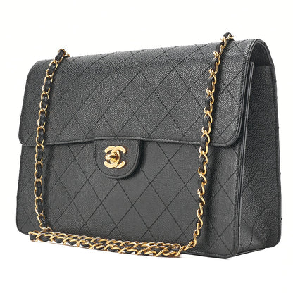 CHANEL Caviar Skin Deka Matelasse 30cm Single Flap Chain Shoulder Bag Black Gold-Tone Hardware, Pre-Owned