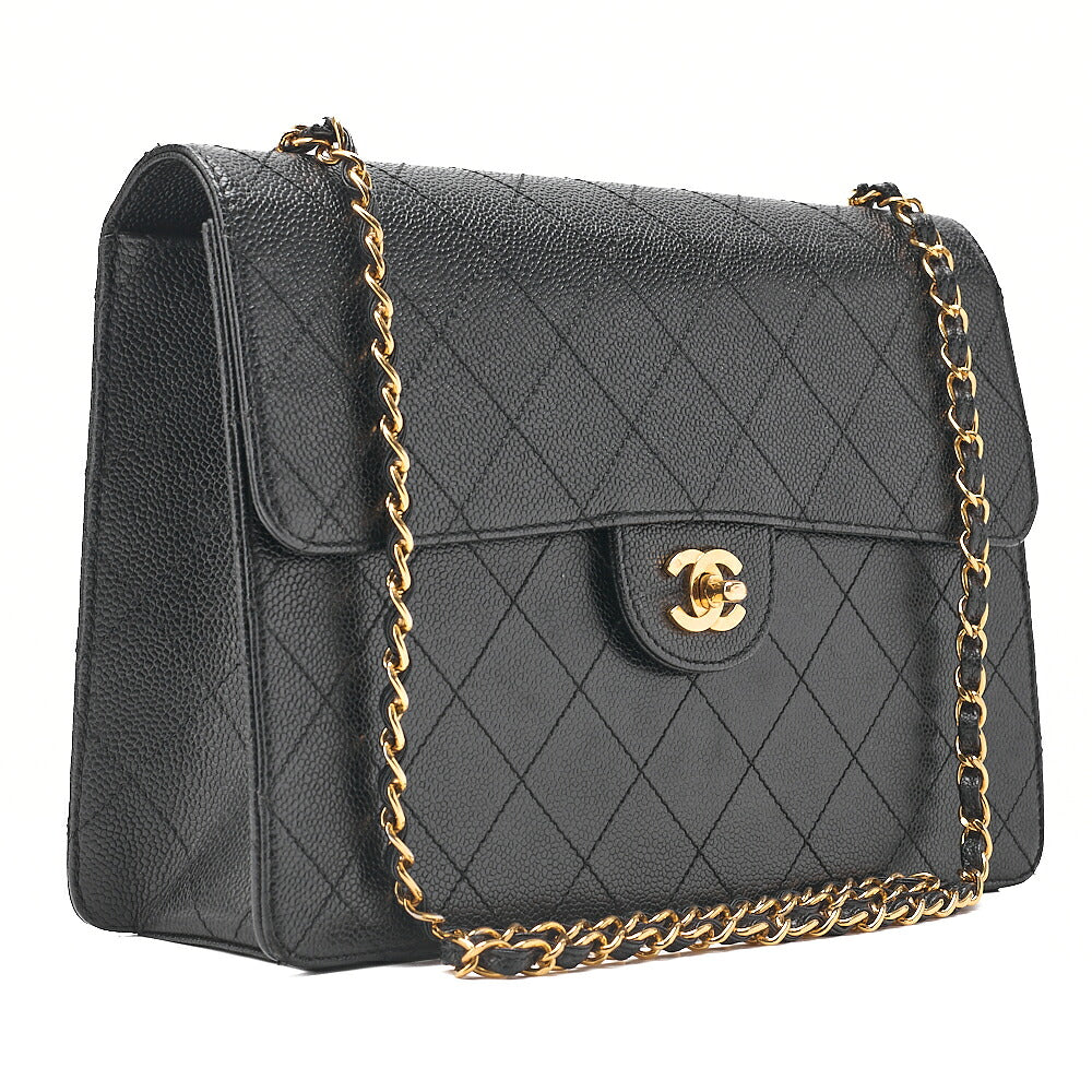 CHANEL Caviar Skin Deka Matelasse 30cm Single Flap Chain Shoulder Bag Black Gold-Tone Hardware, Pre-Owned