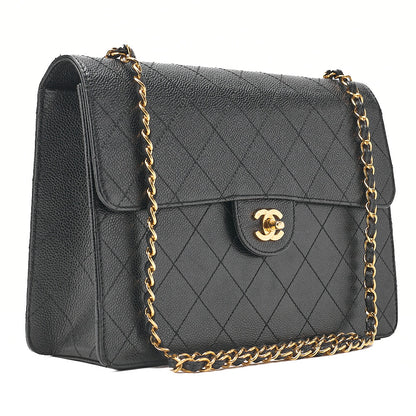 CHANEL Caviar Skin Deka Matelasse 30cm Single Flap Chain Shoulder Bag Black Gold-Tone Hardware, Pre-Owned