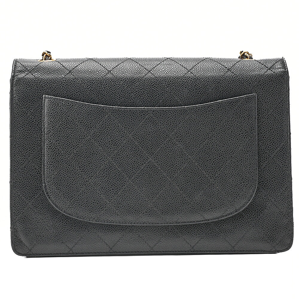 CHANEL Caviar Skin Deka Matelasse 30cm Single Flap Chain Shoulder Bag Black Gold-Tone Hardware, Pre-Owned