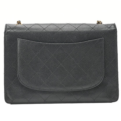 CHANEL Caviar Skin Deka Matelasse 30cm Single Flap Chain Shoulder Bag Black Gold-Tone Hardware, Pre-Owned