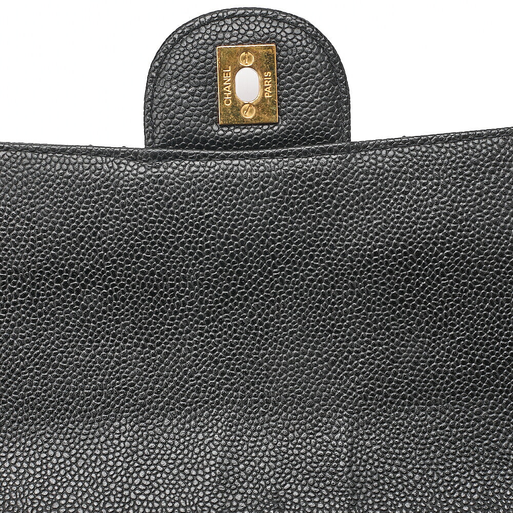 CHANEL Caviar Skin Deka Matelasse 30cm Single Flap Chain Shoulder Bag Black Gold-Tone Hardware, Pre-Owned