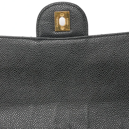CHANEL Caviar Skin Deka Matelasse 30cm Single Flap Chain Shoulder Bag Black Gold-Tone Hardware, Pre-Owned