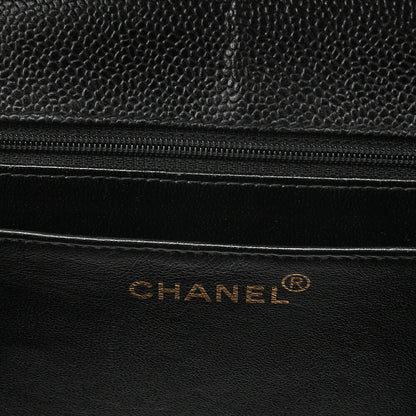 CHANEL Caviar Skin Deka Matelasse 30cm Single Flap Chain Shoulder Bag Black Gold-Tone Hardware, Pre-Owned
