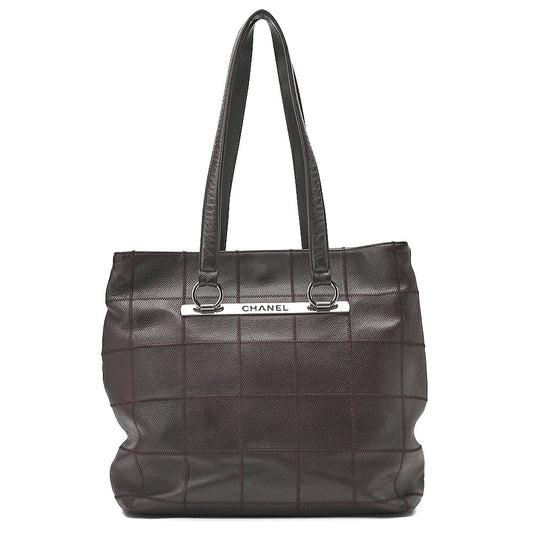 CHANEL Caviar Skin Chocolate Bar Logo Mark Shoulder Bag Tote Bag Brown Silver-Tone Hardware, Pre-Owned
