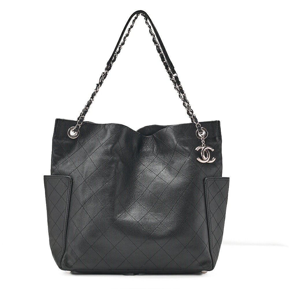 CHANEL Caviar Skin Matelasse with Coco Charm Chain Shoulder Black Silver-Tone Hardware, Pre-Owned