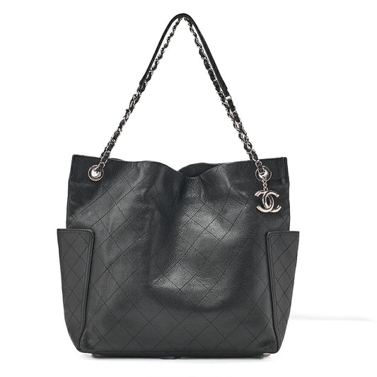 CHANEL Caviar Skin Matelasse with Coco Charm Chain Shoulder Black Silver-Tone Hardware, Pre-Owned