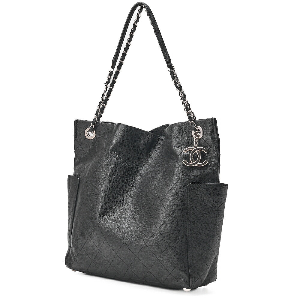 CHANEL Caviar Skin Matelasse with Coco Charm Chain Shoulder Black Silver-Tone Hardware, Pre-Owned