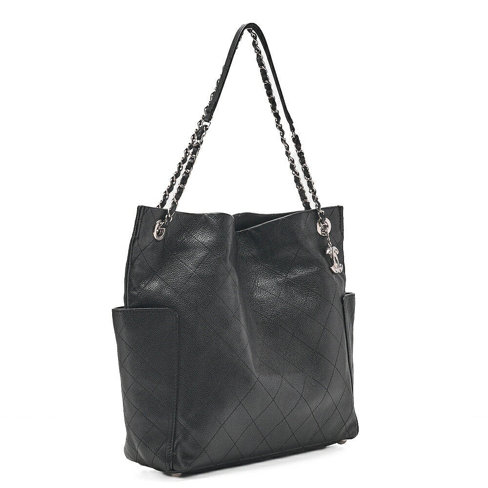 CHANEL Caviar Skin Matelasse with Coco Charm Chain Shoulder Black Silver-Tone Hardware, Pre-Owned