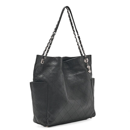 CHANEL Caviar Skin Matelasse with Coco Charm Chain Shoulder Black Silver-Tone Hardware, Pre-Owned