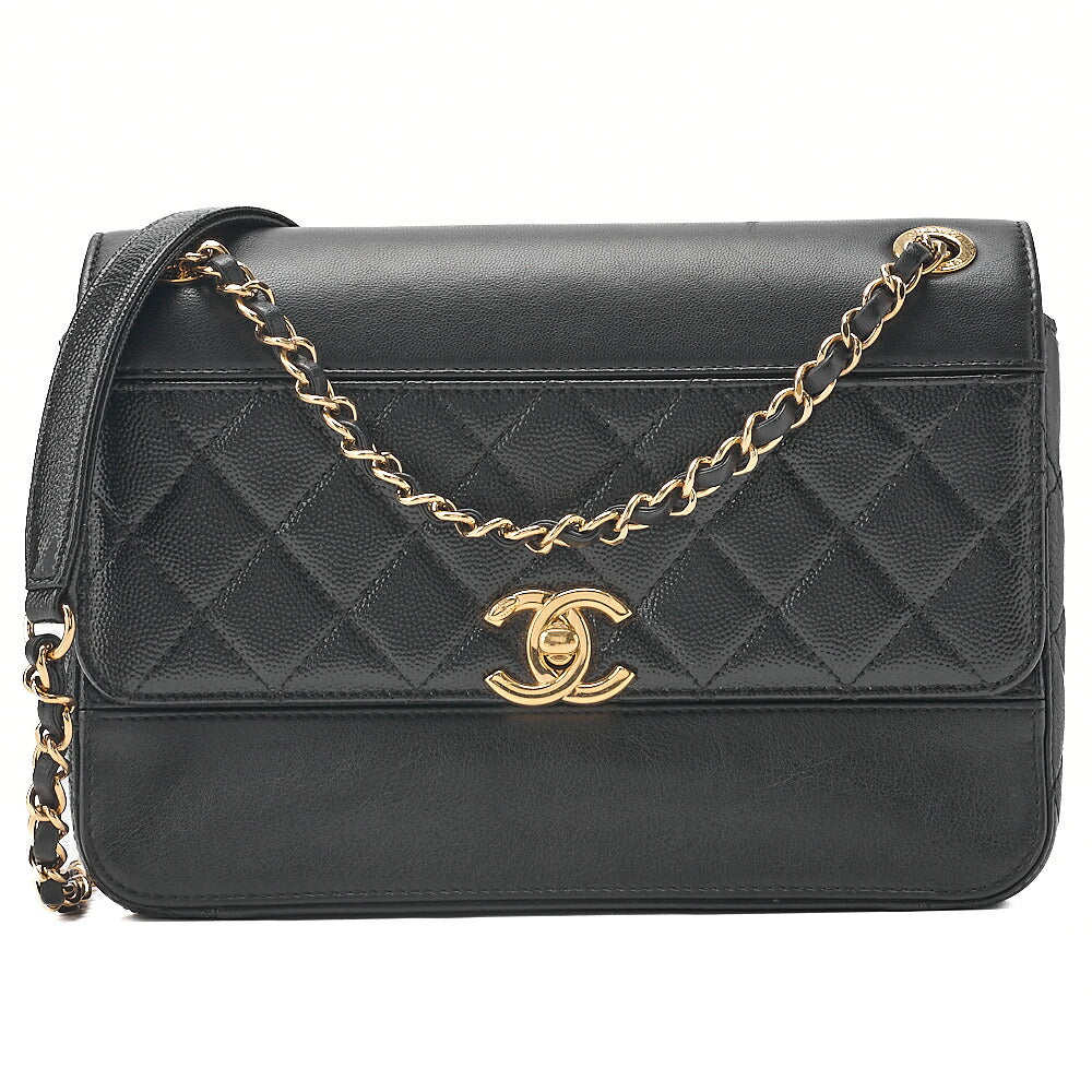 CHANEL Chain Shoulder Bag Matelasse Single Flap Calfskin x Caviar Embossed Enamel Leather Black Gold -Tone Hardware, Pre-Owned