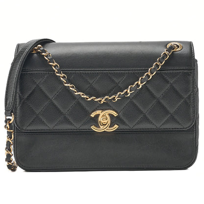 CHANEL Chain Shoulder Bag Matelasse Single Flap Calfskin x Caviar Embossed Enamel Leather Black Gold -Tone Hardware, Pre-Owned