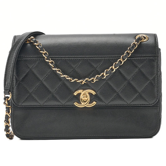 CHANEL Chain Shoulder Bag Matelasse Single Flap Calfskin x Caviar Embossed Enamel Leather Black Gold -Tone Hardware, Pre-Owned