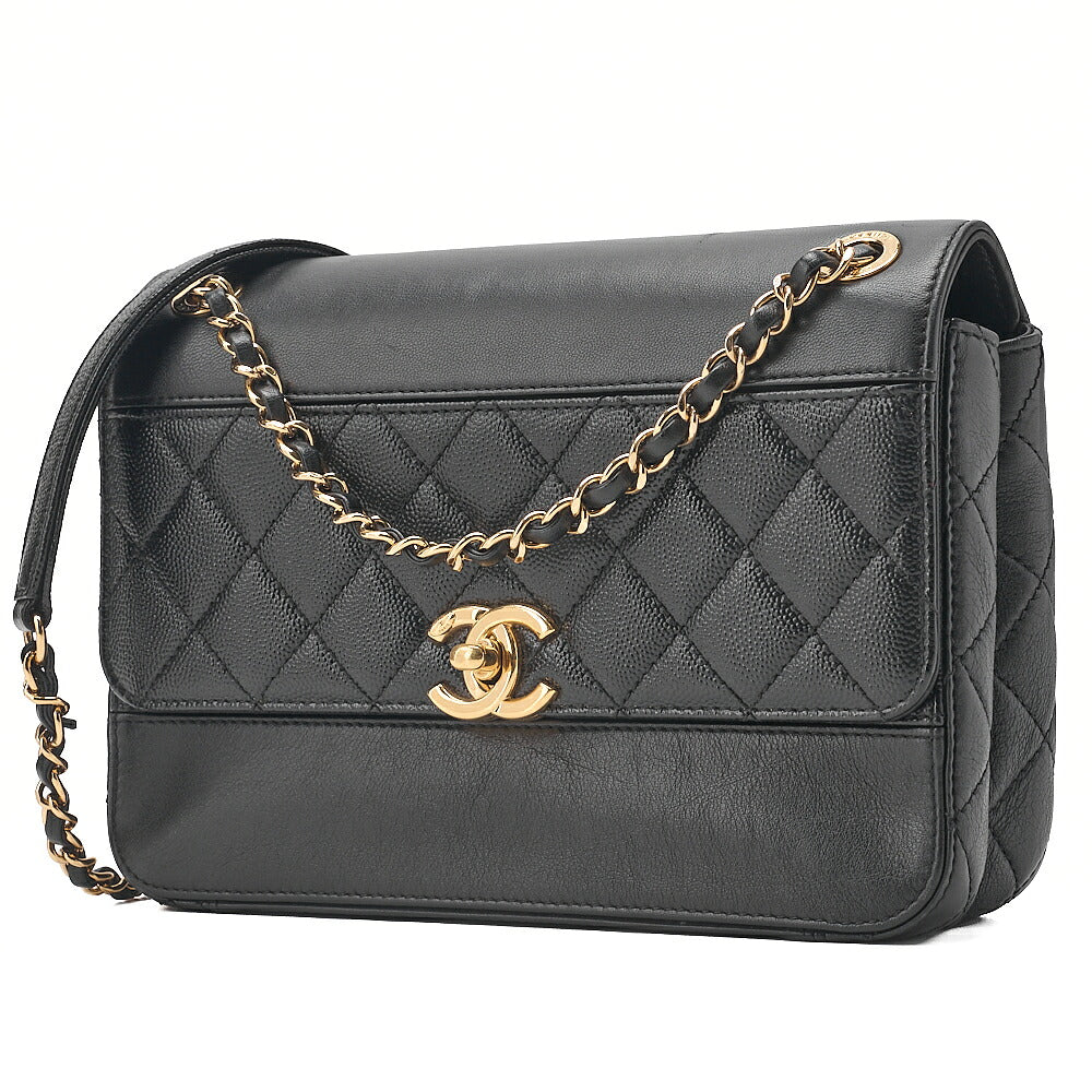 CHANEL Chain Shoulder Bag Matelasse Single Flap Calfskin x Caviar Embossed Enamel Leather Black Gold -Tone Hardware, Pre-Owned