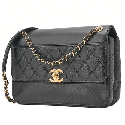 CHANEL Chain Shoulder Bag Matelasse Single Flap Calfskin x Caviar Embossed Enamel Leather Black Gold -Tone Hardware, Pre-Owned