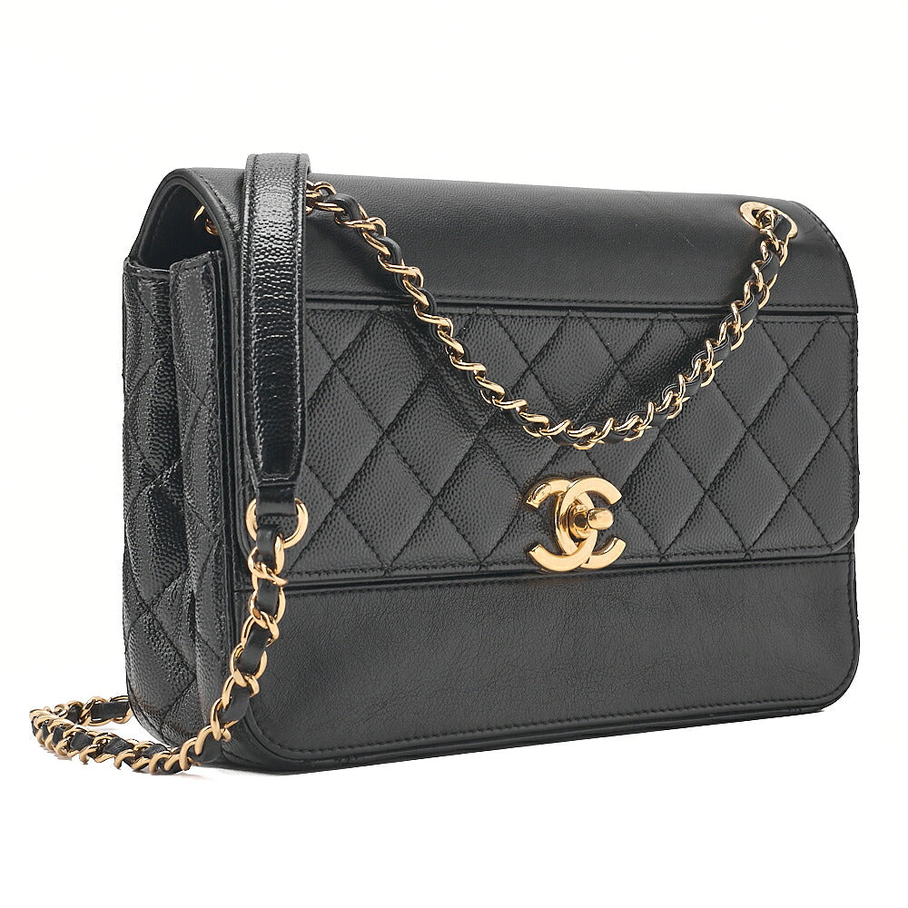CHANEL Chain Shoulder Bag Matelasse Single Flap Calfskin x Caviar Embossed Enamel Leather Black Gold -Tone Hardware, Pre-Owned