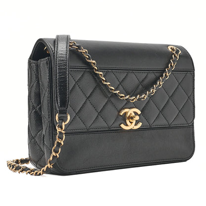 CHANEL Chain Shoulder Bag Matelasse Single Flap Calfskin x Caviar Embossed Enamel Leather Black Gold -Tone Hardware, Pre-Owned